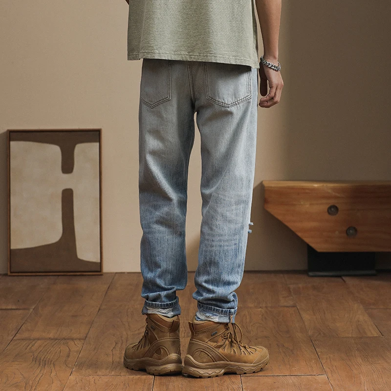 Korean version of the loose tide Harlan pants micro cone holes gradient casual versatile trend jeans for men