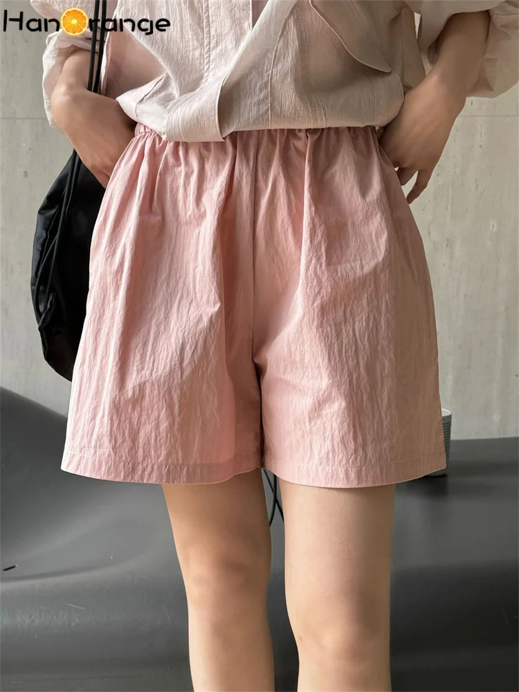 

HanOrange 2024 Summer Simple Lazy Elastic Waist Casual Shorts Women Breathable Loose Comfortable Shorts White/Pink/Greyish Green