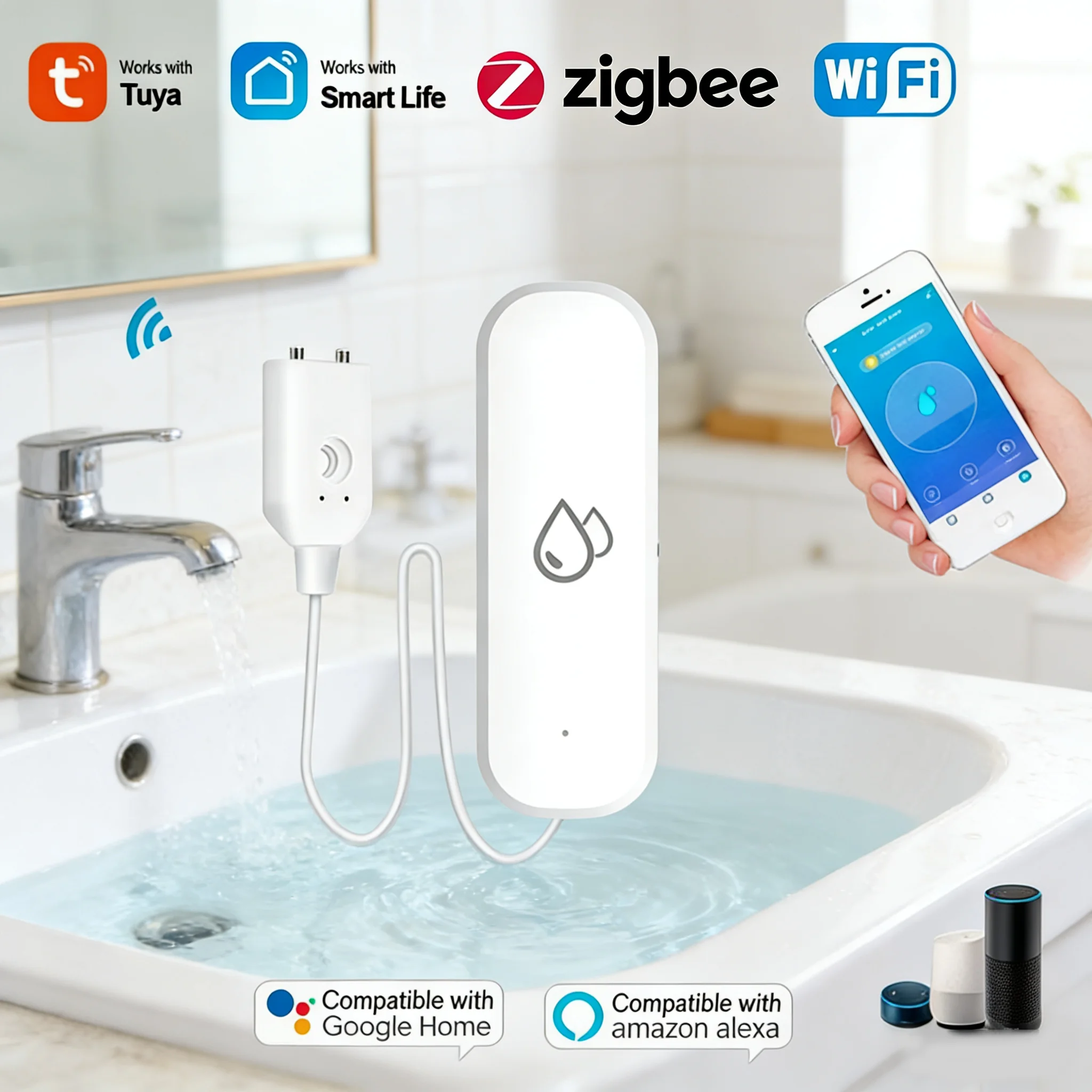 

Датчик протечки воды WiFi/Zigbee Tuya Smart Life APP, детектор затопления, сигнализация о переливе воды, система безопасности для дома, оповещение о протечке