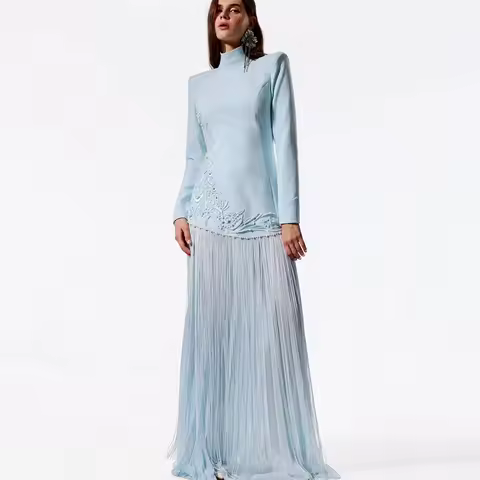 Fashion High Collar Jersey Customized Party Dress High Quality Chiffon A-Line Evening Dress Exquisite Pearls Tassel Prom Gowns