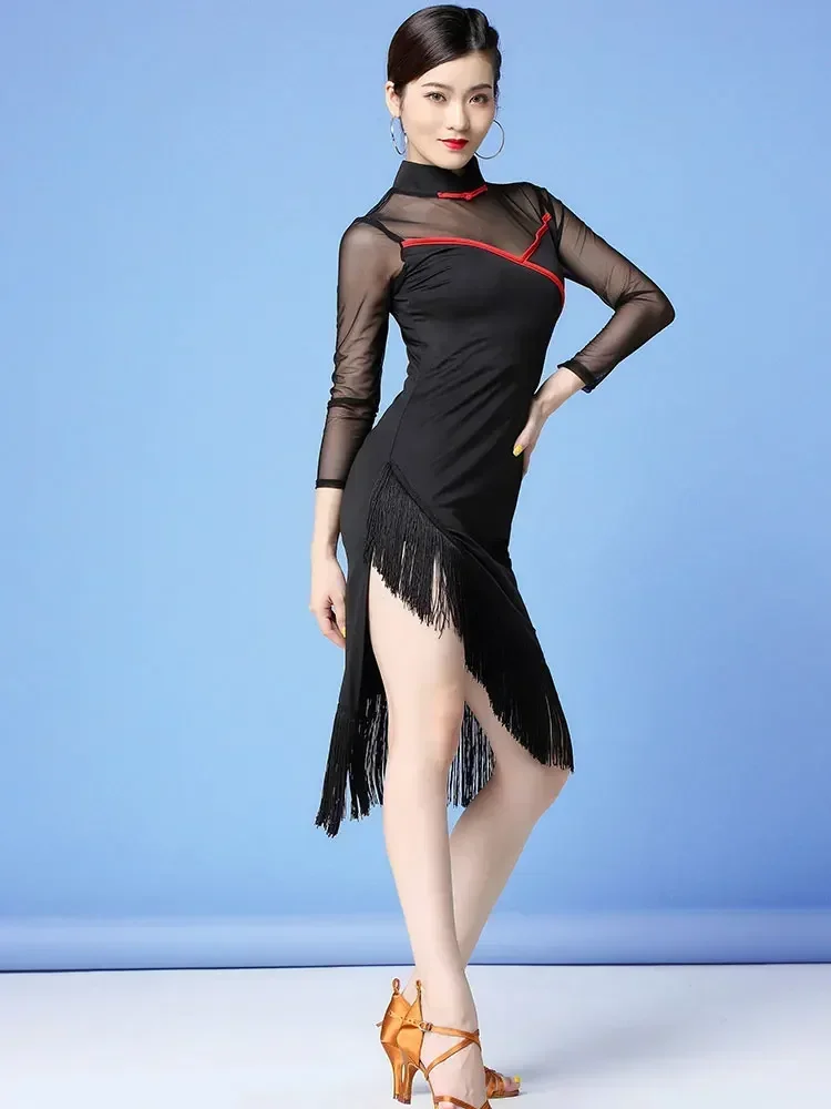 Cheongsam Latin Dance Kleid Frauen Ballroom Dance Kleid Sexy Tango Rumba Flamenco Kleid Schwarz Quaste Kostüme