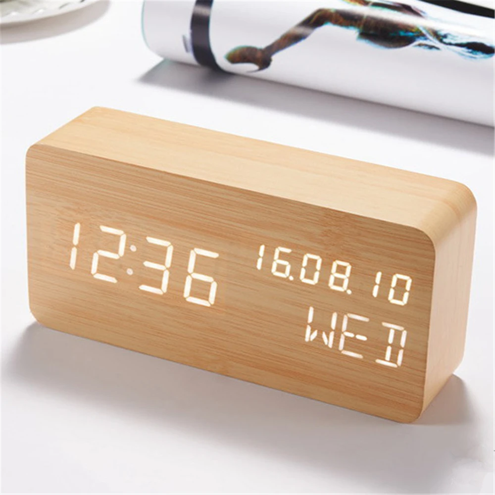 Modern Wooden Led Smart Alarm Clocks For Bedrooms Bedside Table Square Voice Control Desktop Digital Clock For Room