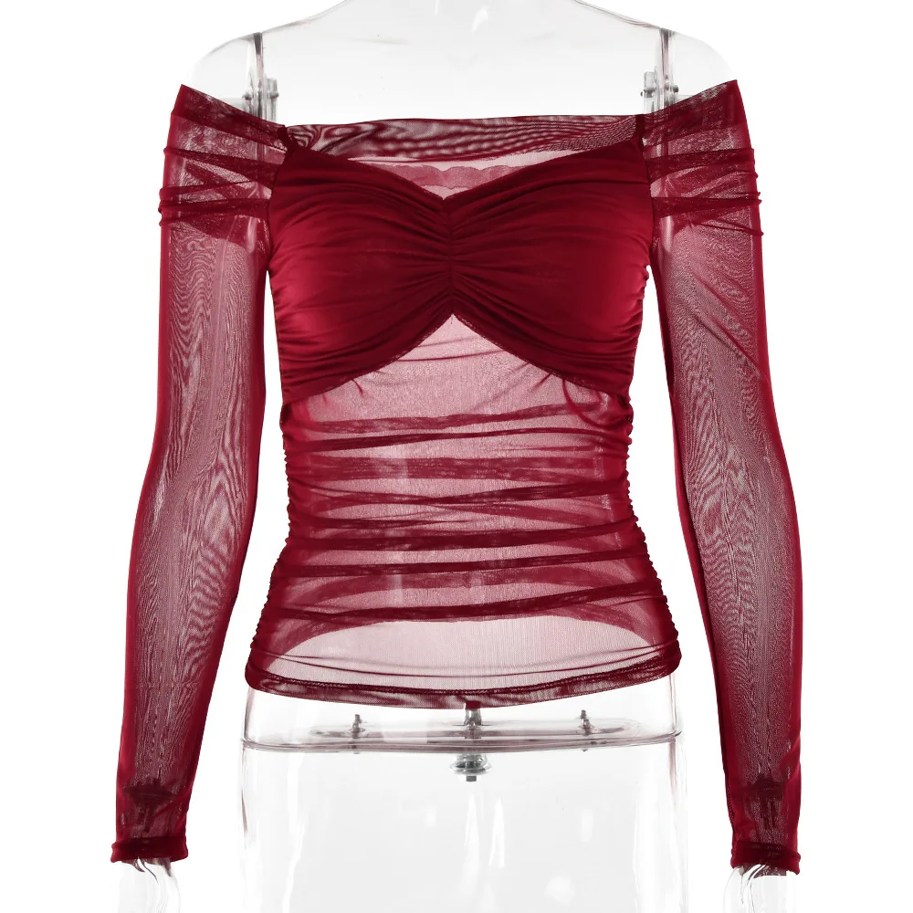 

2025 Summer new, sexy, backless, mesh see-through, pleated, long-sleeved, one-shoulder, slim-fit T-shirt women's top
