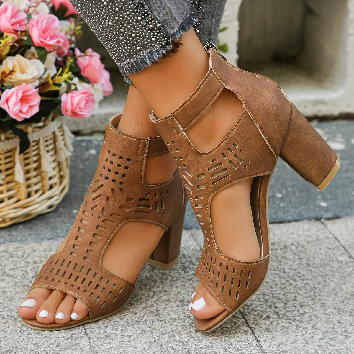Women Sandals 2025 New Strap High Heel Sandals Woman Roman Hollow Pumps Lace-up Peep Toe Shoes Casual Chunky High-heeled Shoes
