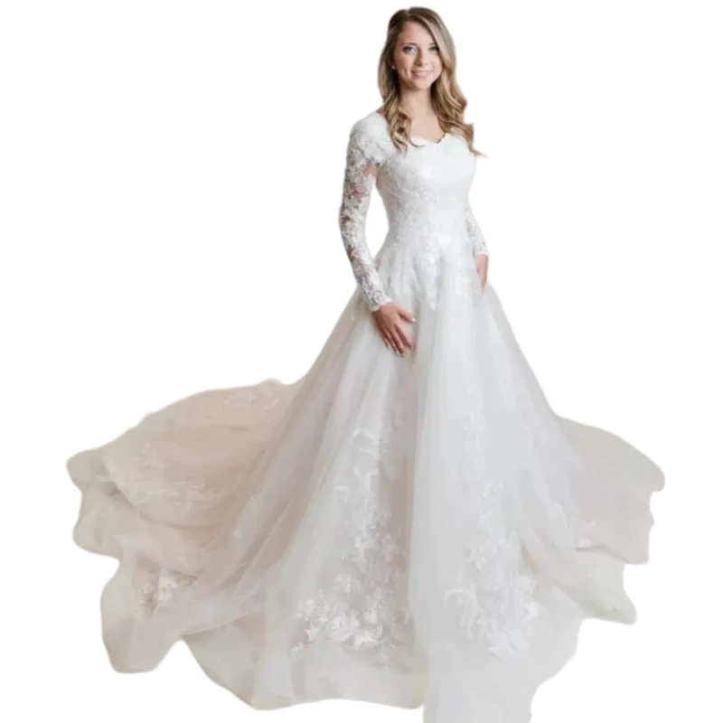 Long Sleeves Ivory Wedding Dresses Bridal Gowns Lace Appliques Court Train Tulle Vestido De Novia Customized Customized