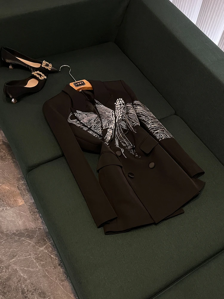 

Ele Lady's Long Sve Suit Jaet Heavy Rhinestone Design Casual Loose Fit Women's Faion Chinese Production