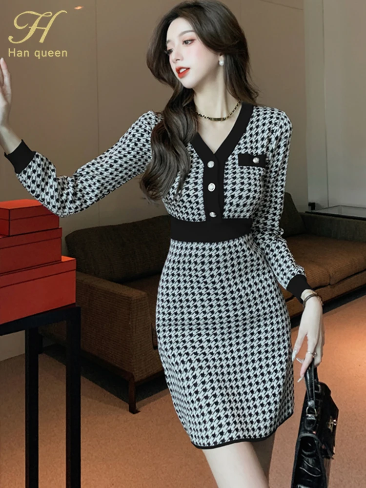 

H Han Queen 2024 Autumn Winter Short Dress Colour Blocking Elegant Plaid Midi Dresses Women Vintage Office Party Casual Vestidos