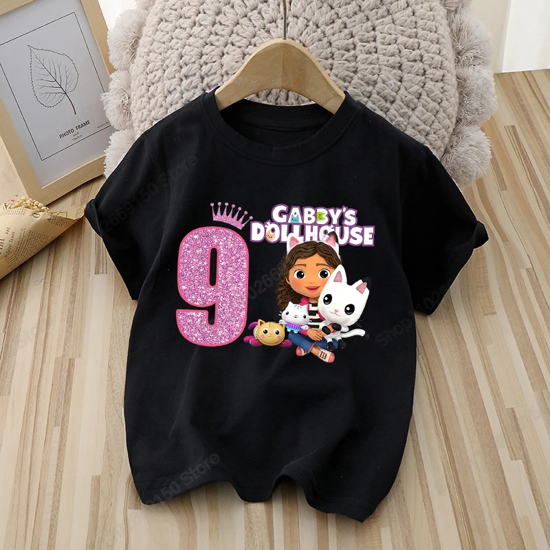 Gabby Dollhouses Kids Cartoon Cute T-shirt Children Anime Printed Clothes Summer Girls Casual Cotton Tops Birthday Number Tees