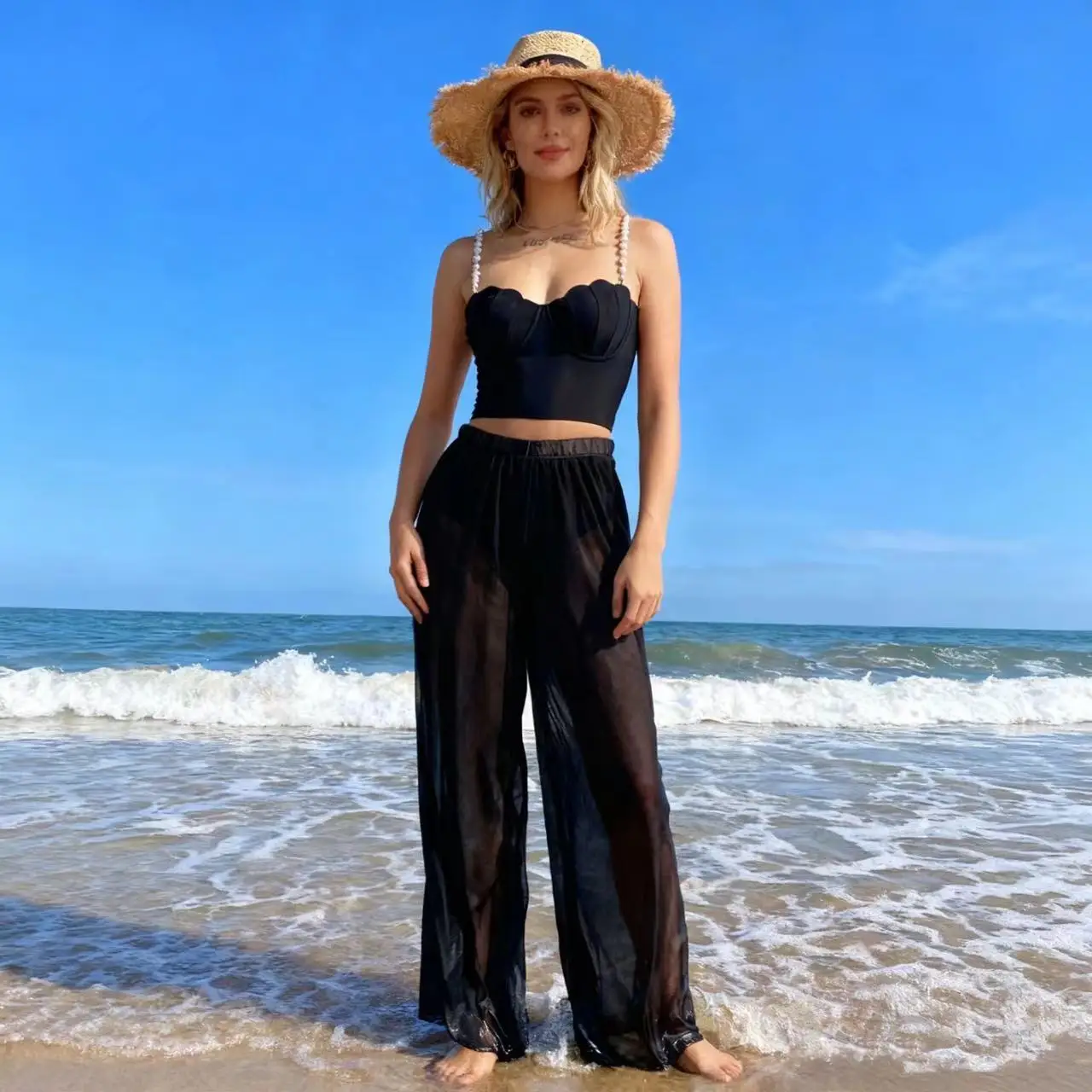 

2026 New Swimsuit Women Three Piece Set Solid Bikini Hot Net Gauze Wide Leg Pants Sexy Perspective High Waist Straight Pants