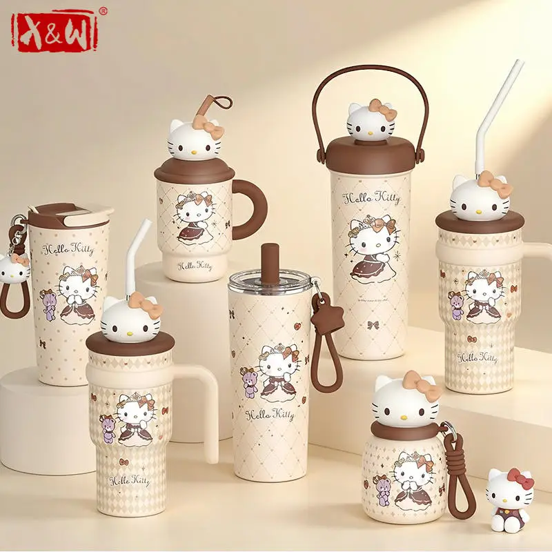 X&W Sanrio Hello Kitty Cute Thermos Cup 316 Stainless Steel Straw Water Cup Keep Hot Cold Portable Student Travel Gift Drinkware