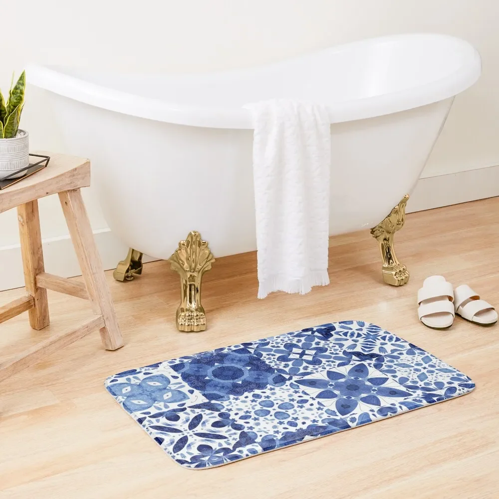 

Indigo Watercolor Tiles Bath Mat Rugs Living Room Kitchen Quick-Drying Bathroom Bath Carpet Mat