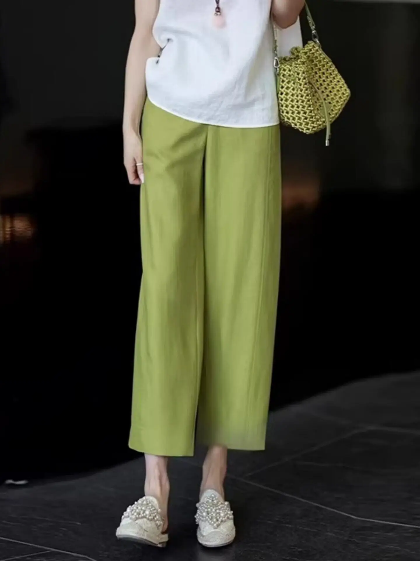Green High Waist Straight Leg Pants Women's Summer Thin New Large Size Fat MM Casual Trousers Korean Style Commute Pants
