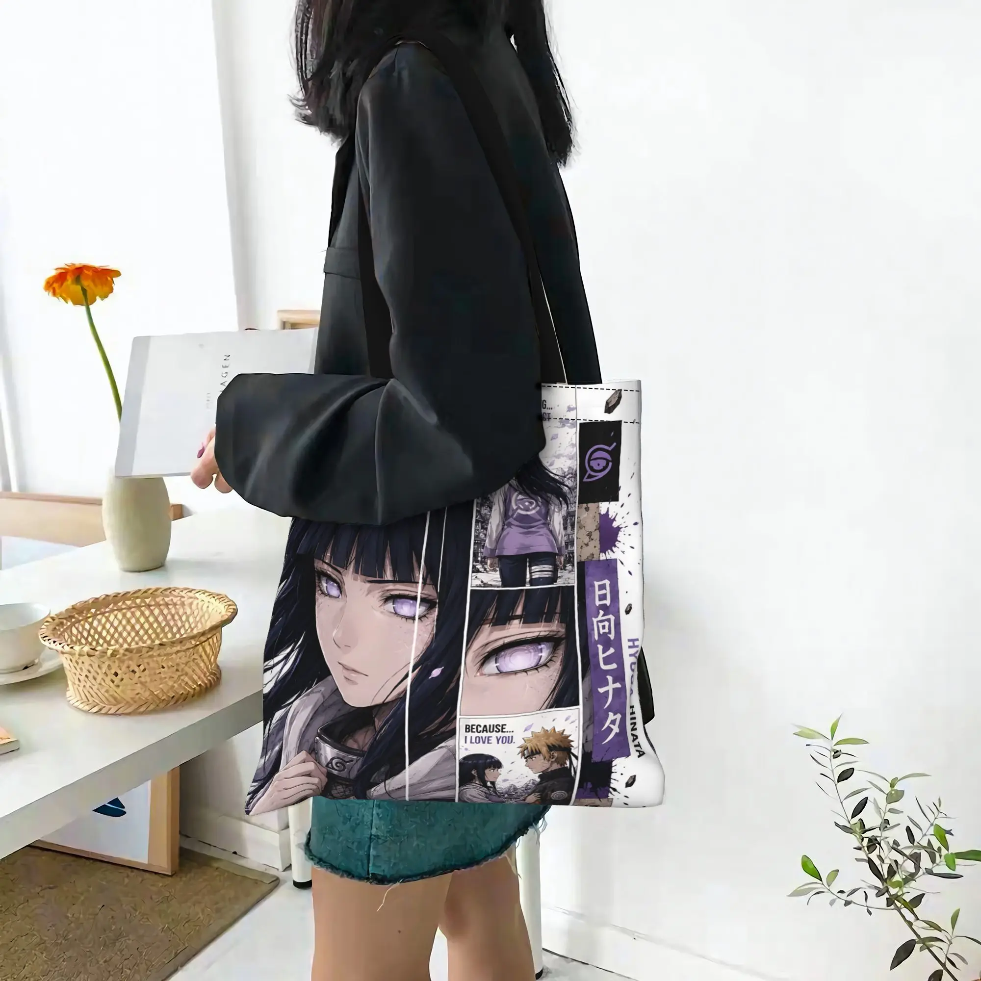 Customized Naruto Anime Theme Women's Bag Campus Handbag Large Capacity Hinata Canvas Tote Bag Foldable Chic Pattern