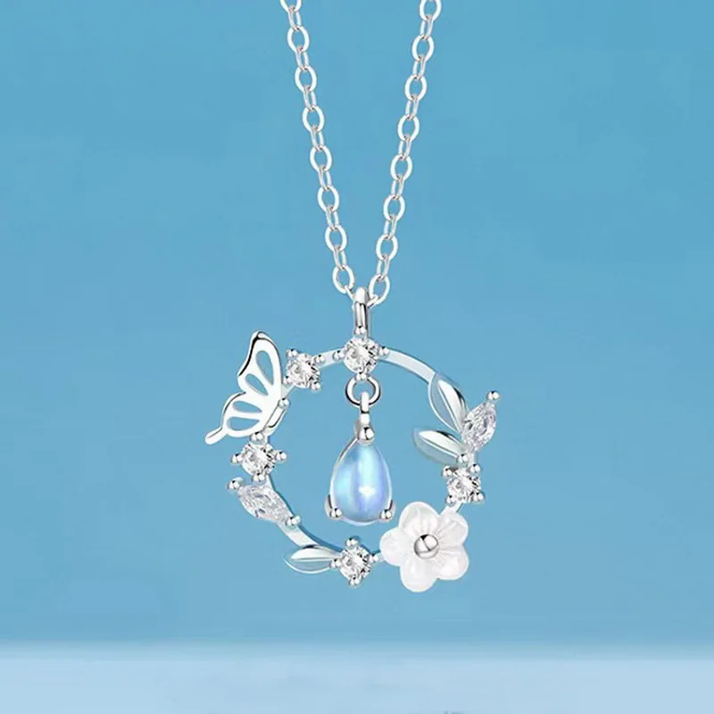 New Elegant Moonstone Butterfly Zircon Pendant Necklace For Women Star Moon Clavicle Chain Choker Fashion Y2K Egirl Jewelry Gift