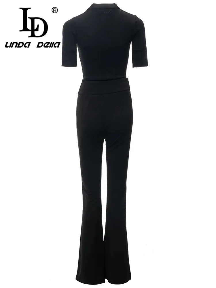 LD LINDA DELLA Summer Cheap Casual Pants Sets Women's Black Round Neck Elastic Waist Short Sleeve+Straight Trouser 2 Pieces Set