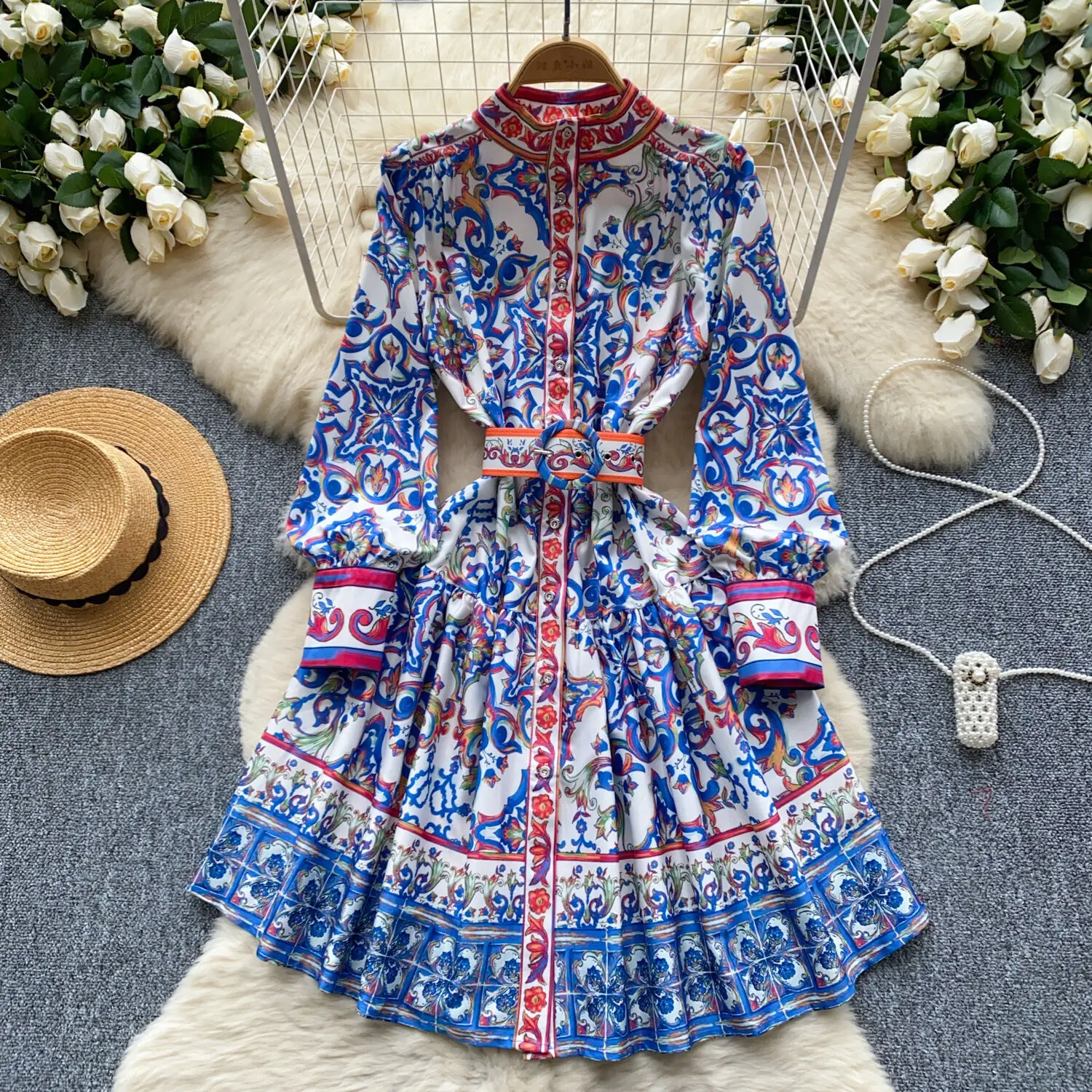 Summer Autumn Long Sleeve Floral Print Short Dress Shirt Women Single Breasted Belt Mini Party Vestidos Office Lady