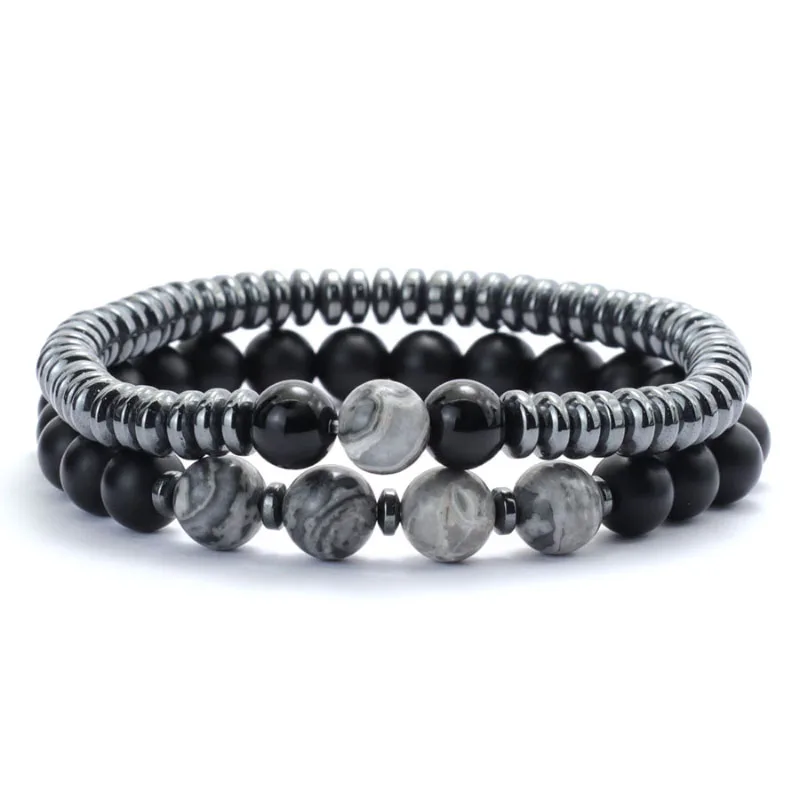 Stylish 2Pcs Men Bracelet Set Natural Hematite Healing Braslet Yoga Meditation Accessories Energy Stone Wrap Braclet Pulseria