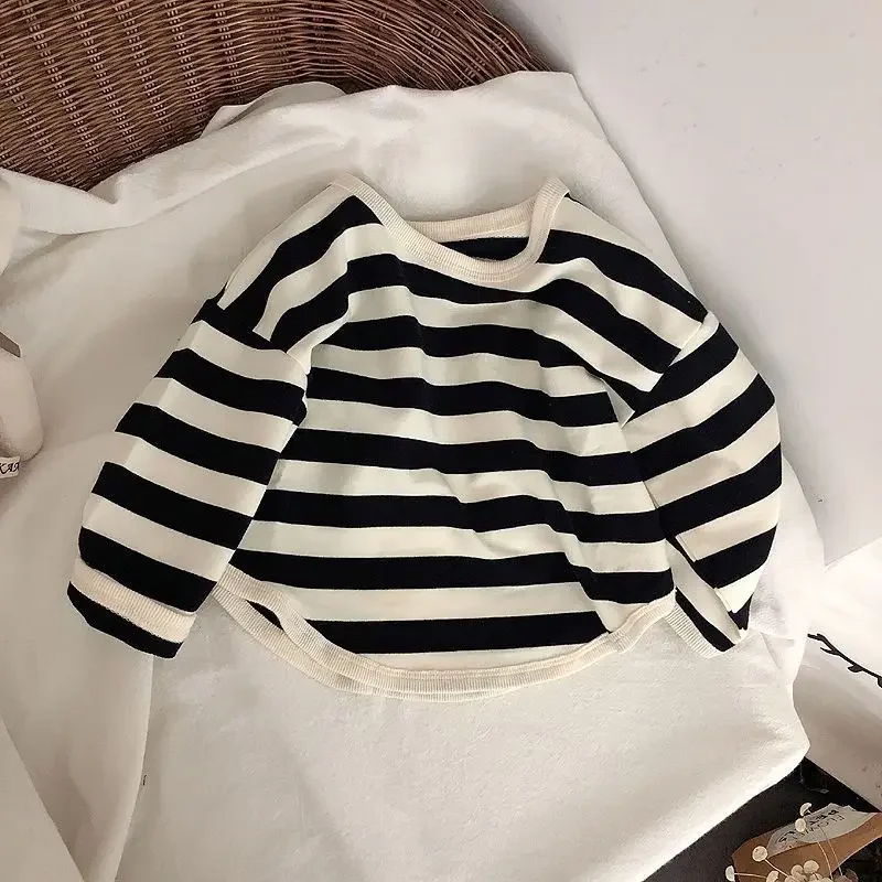 Spring Autumn Fashion Striped Children Long Sleeved T Shirt Loose Casual Kids Base Shirt Baby Boys Pocket Blouse Crewneck