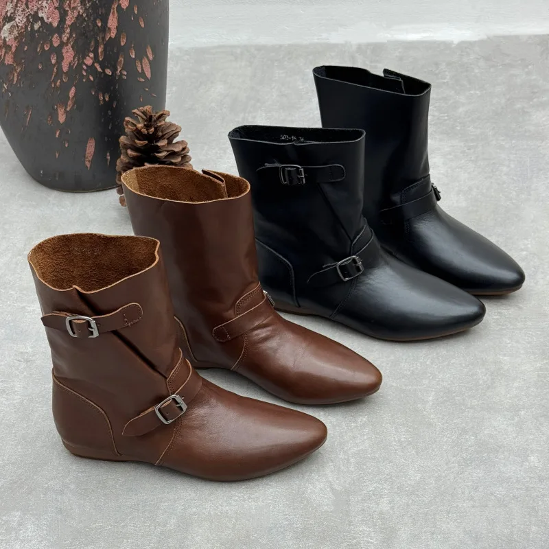 Handmade Genuine Leather Pointed Toe Flat Boots Women Vintage Double Buckle Strap Mid Calf Booties Washed Cowhide Slip On Shoes