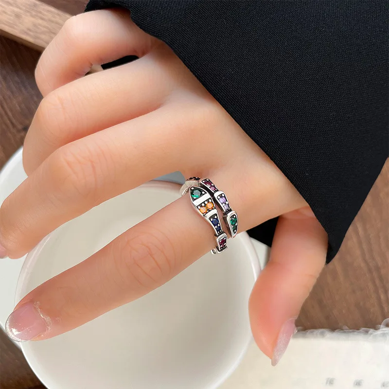 Luxury Simple Fashion Colorful Zircon Rings For Women Vintage Vintage Silver Color Opening Rings Wedding  Jewelry Birthday Gifts