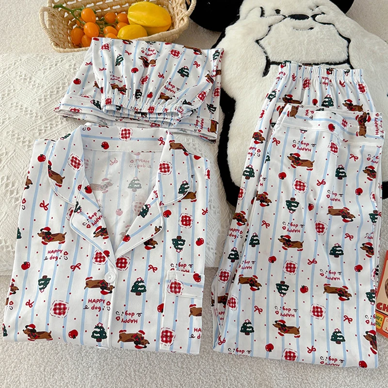 

Весна-лето 2026, милый женский пижамный комплект с принтом таксы и бантом, рождественский комплект из трех предметов, шорты с короткими рукавами, брюки, одежда для сна