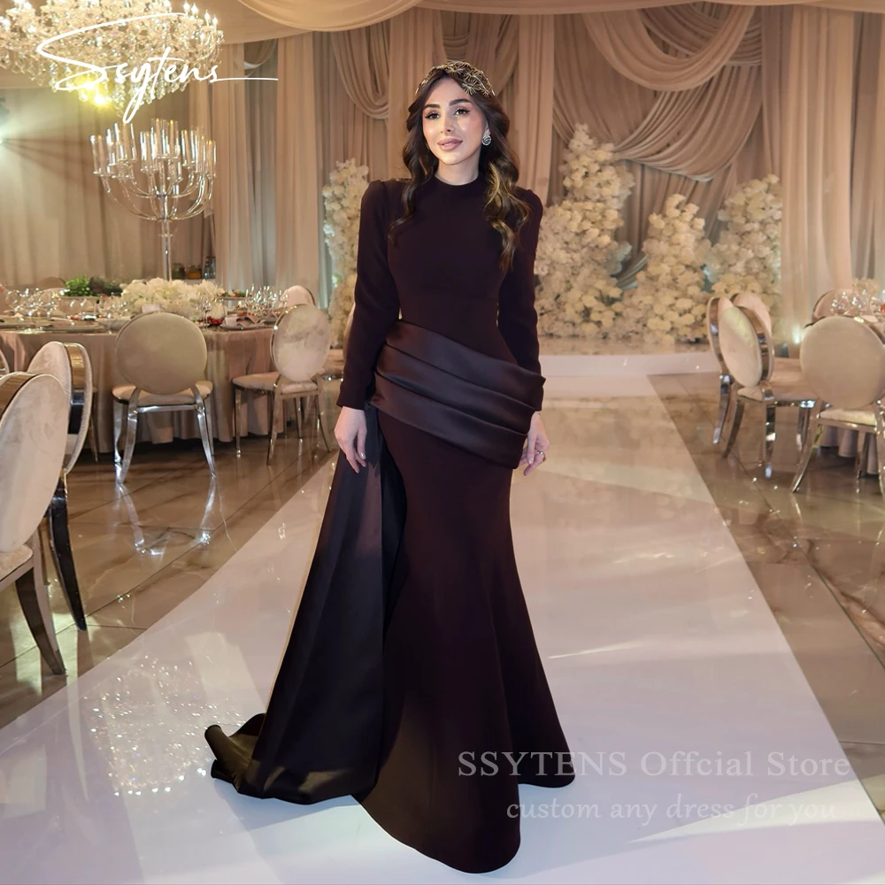 SSYTENS Arabskie Sukienki Wieczorowe Dekolt Okrągły Długie Rękawy Elastyczna Satyna Szyte na Miarę Syrenka Brązowe Suknie na Bal Studniówkowy Vestidos De Noche