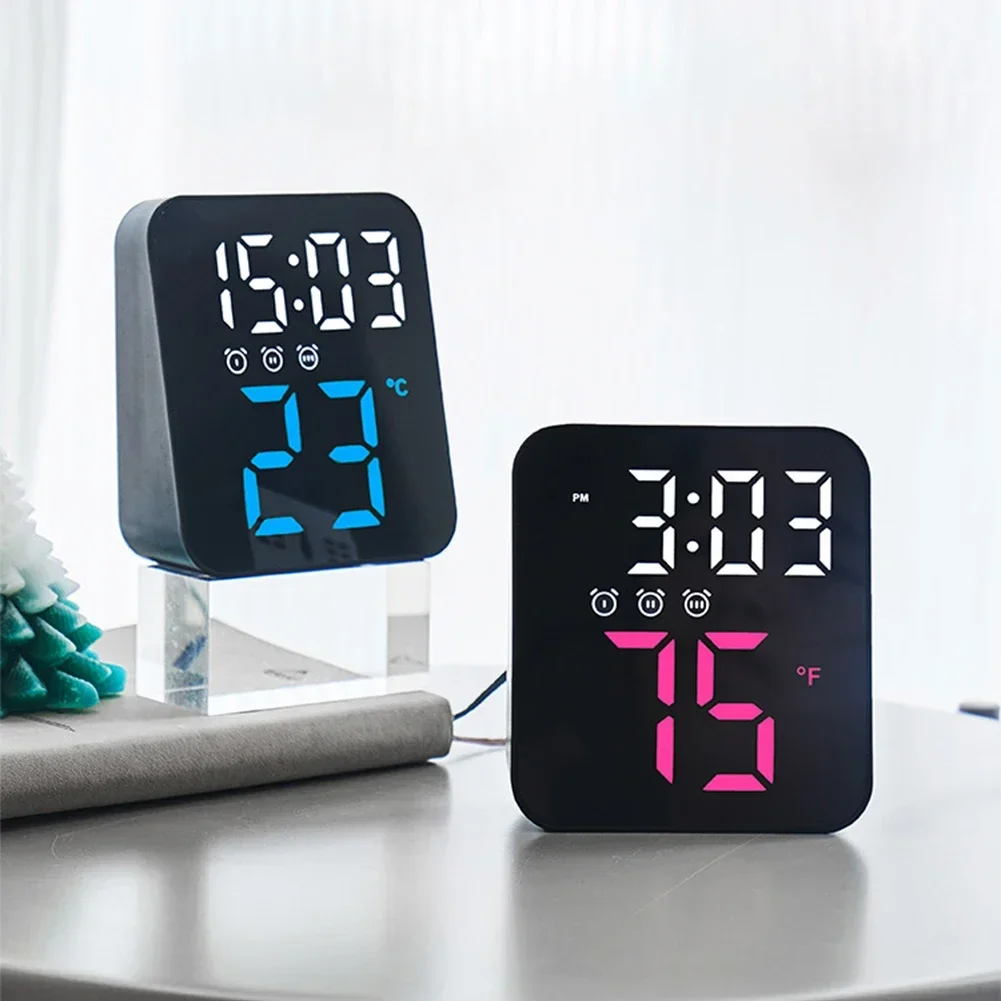 Digital Alarm Clock For Bedrooms With Temperature Adjustable Brightness Voice Control Three Alarm Wall Clock 12/24H 11*10*4cm