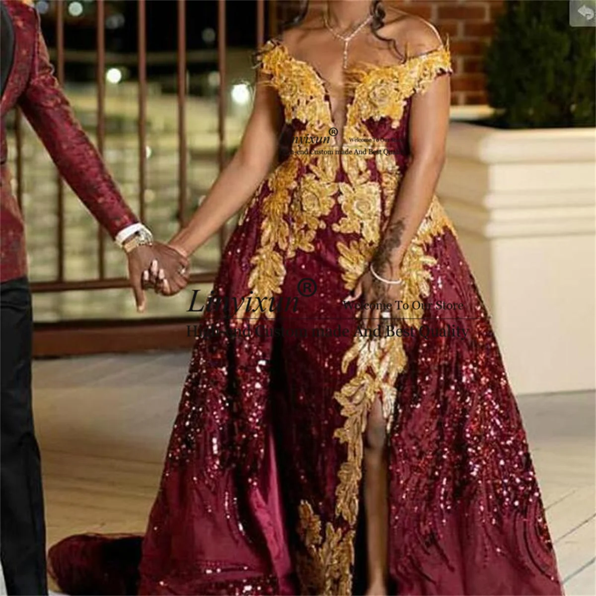 Burgundy Split Side Mermaid Prom Dresses With Gold Lace Appliques Sequin Overskirt Evening Dress Customized African Party Dress