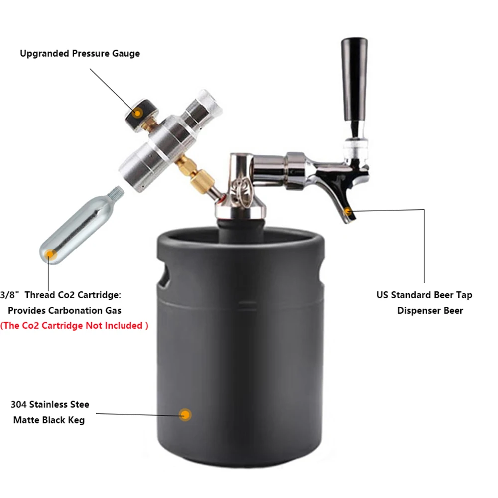 5L Mini Keg Pressurized Beer Keg System Stainless Steel Mini Keg Growler Adjustable Beer Tap Faucet Premium CO2 Charger Kit