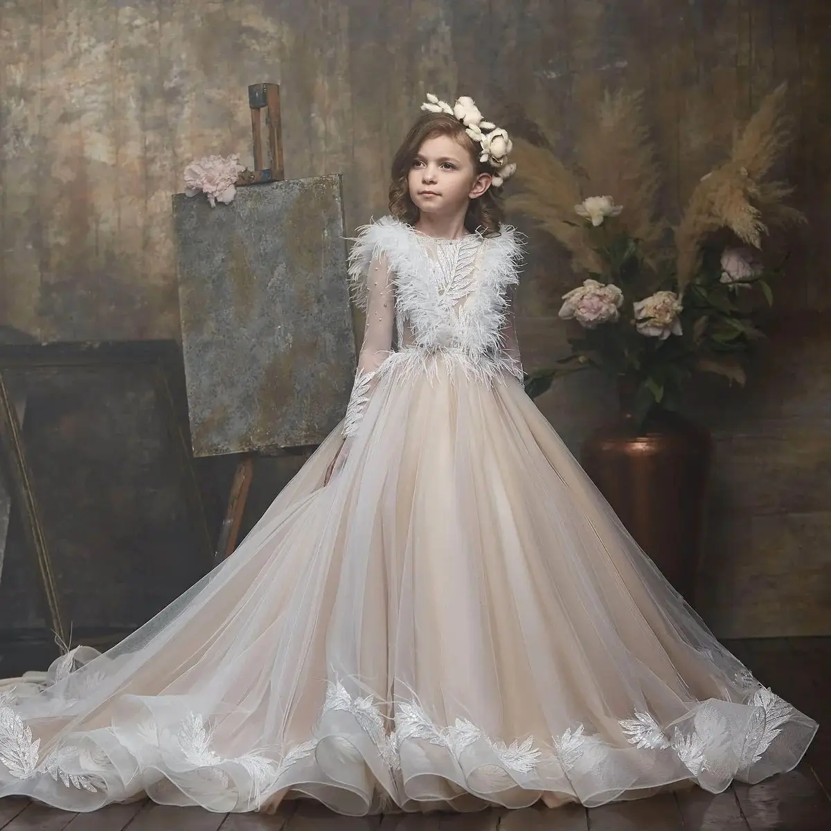 

Champagne Girls Pageant Dresses A-line Tulle Feather Pearls Flower Girl Dresses For Weddings First Communion Dresses Kids Baby