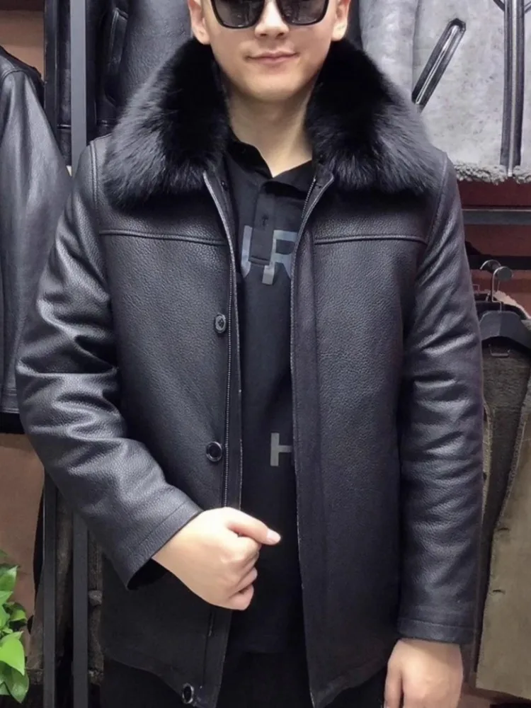 New Winter Business Casual Genuine Leather Jacket Men Luxury Fox Fur Collar Warm Rabbit Hair Liner High Quality Goatskin Coat