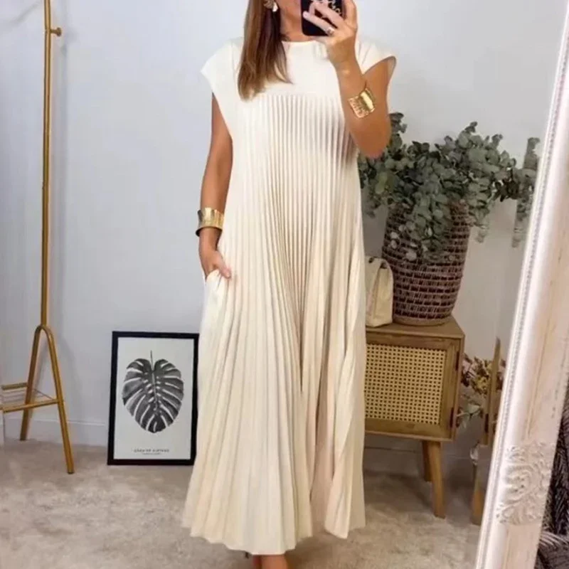 Vestido longo plissado com bolsos, sem mangas, cintura alta, pendulares, feminino com decote em O, casual, solto, monocromático, feriado, verão Vestido longo plissado com bolsos, sem mangas, cintura alta, pendulares, feminino com decote em O, casual, solto, monocromático, feriado, verão