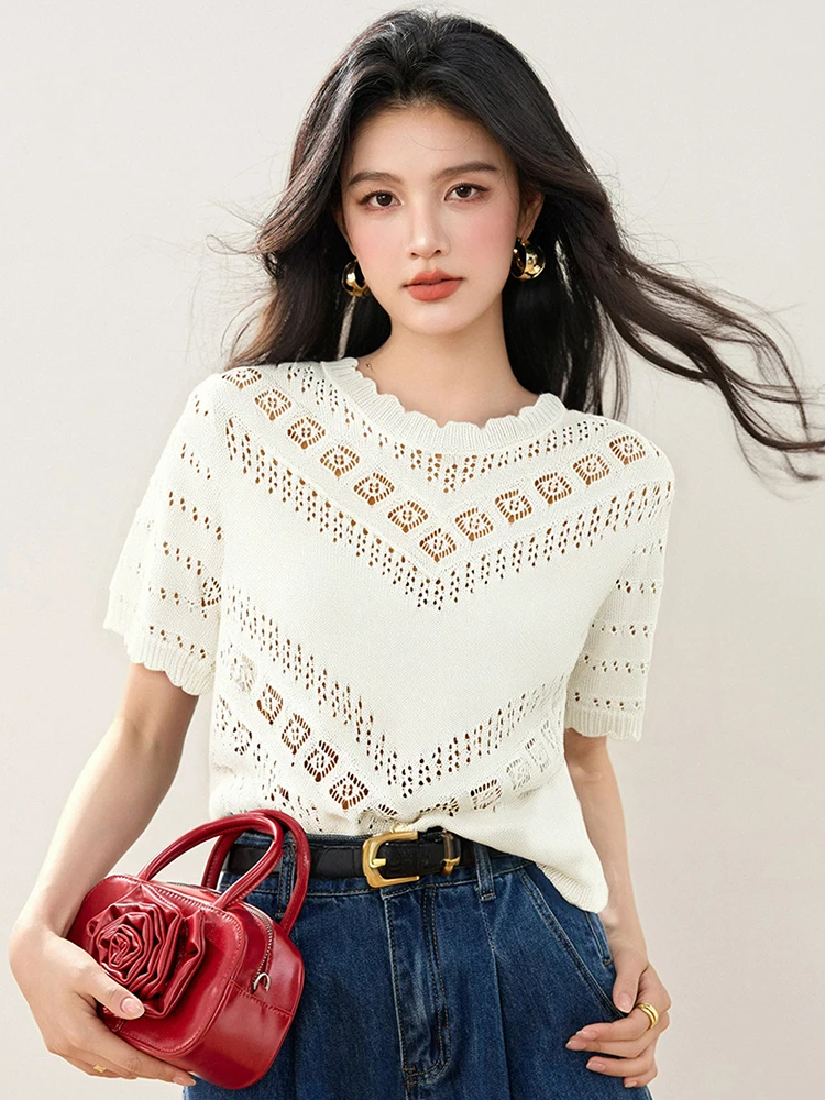 2025 夏の花の刺繍薄型中空アウトプルオーバーセーター女性のヴィンテージ O ネック半袖 Tシャツ多用途ニットトップ