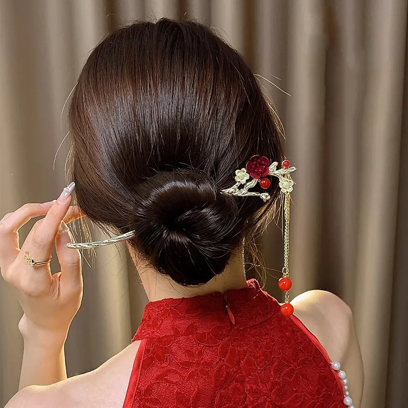 Grampo de cabelo com borla de flor vermelha, liga vintage para mulheres, meninas, grampo de cabelo, fantasia, estilo chinês, joias hanfu, acessórios para cabelo