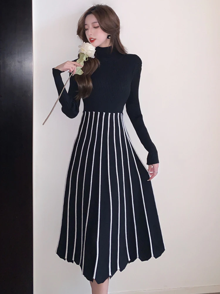 2022 New Autumn Winter High Collar Thickening Women Long Dress Bottoming Sweater Skirt Fashion Striped Pleated Knitted Dresses