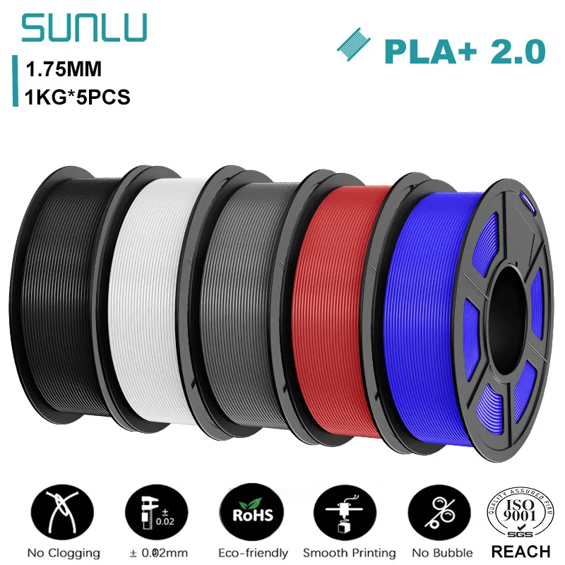 SUNLU Mix-Color 5Roll PLA/PLA PLUS 2.0 Filament 1,75 mm 1 kg Spule (2,2 lbs) Ordentlich gewickeltes Filament, passend für die meisten FDM-Drucker