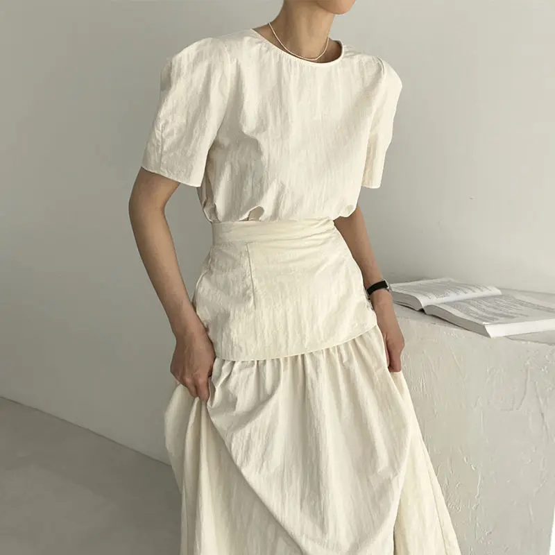 Summer French Simple Round Neck Solid Color Puff Sleeve Shirt High Waist Slim Big Swing Skirt Trendy Suit