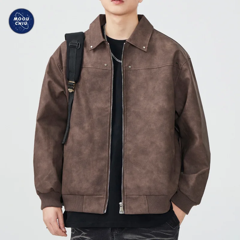 

Merlad-Men's Japanese Style Brown Leather Jacket, American Retro Loose Casual Jacket, Brand