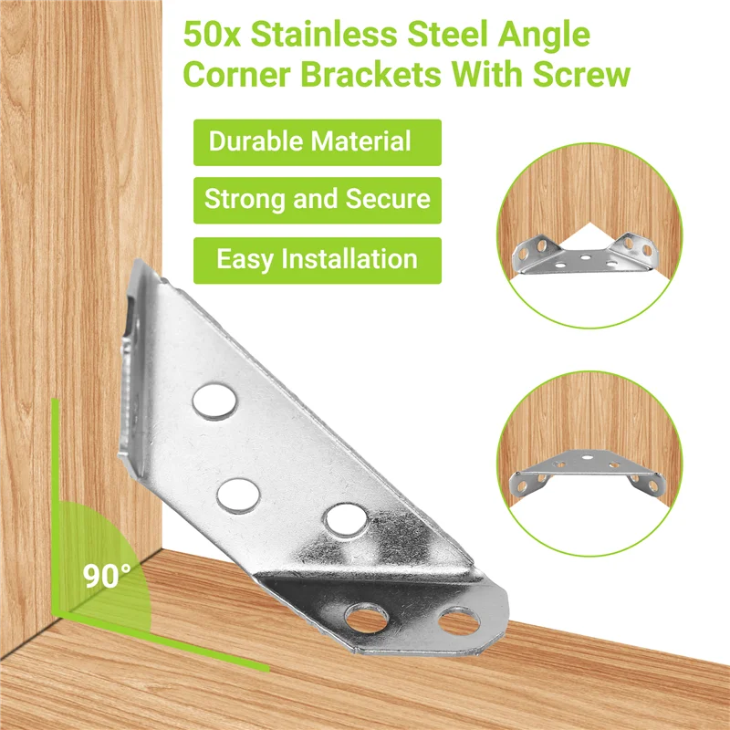 

FAST-50PCS Stainless Steel Angle Corner Brackets Furniture Corner Connector Brace Joint For Fastener Bedframe Cabinet Drawer