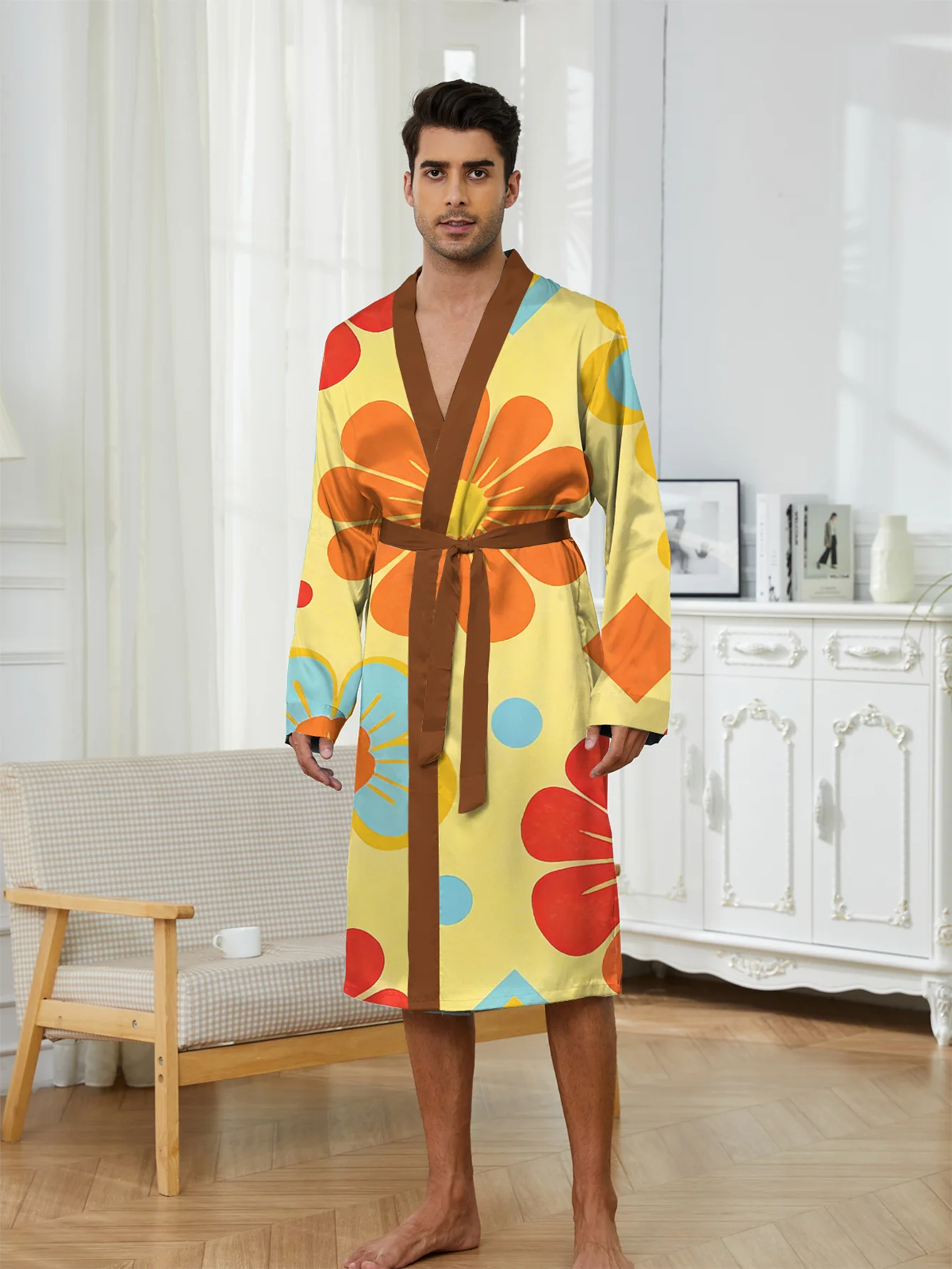 Men's 3D digital printed bathrobe, casual and fashionable robe, loose and comfortable non fading home fun nightgown