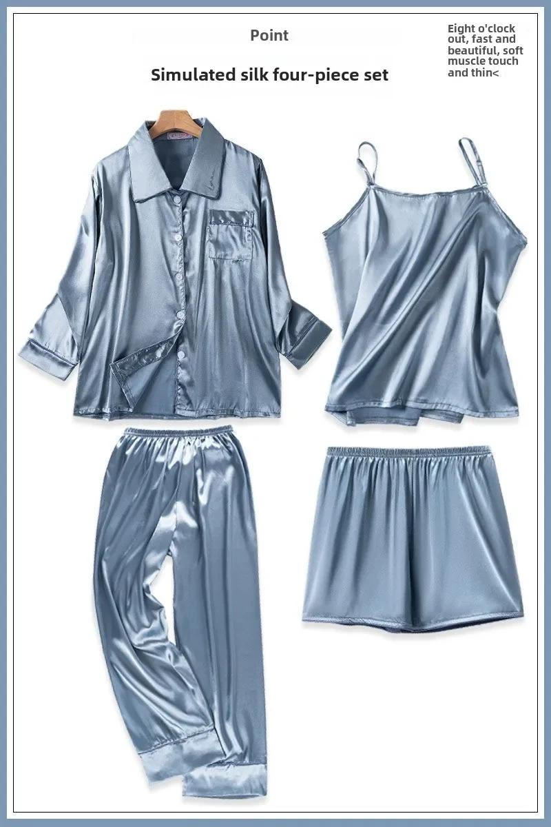 4 Pieces Pajamas Set for Women Sexy Lingerie Satin Sleepwear Silk Shorts Set Spring Summer Lapel Shirts Long Pants Pajamas Robe