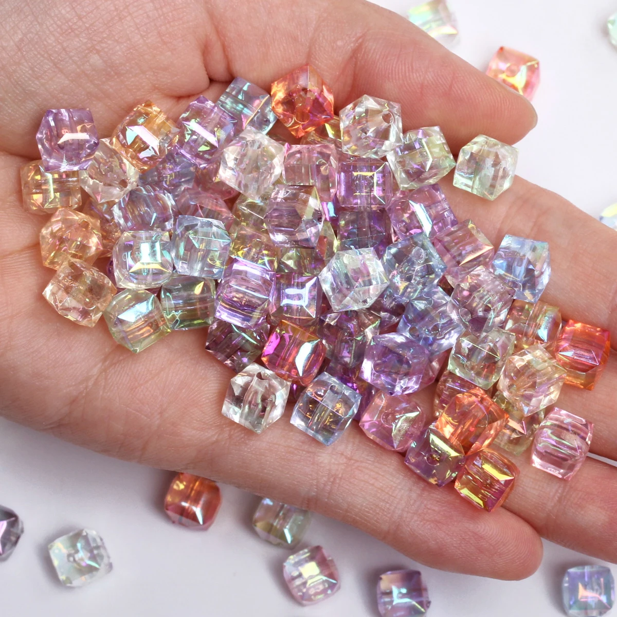 20pcs/bag 8mm Resin Czech UV Plated Cube Crystal  Beads Square Faceted Loose Pendant For Jewelry Making DIY Crafts