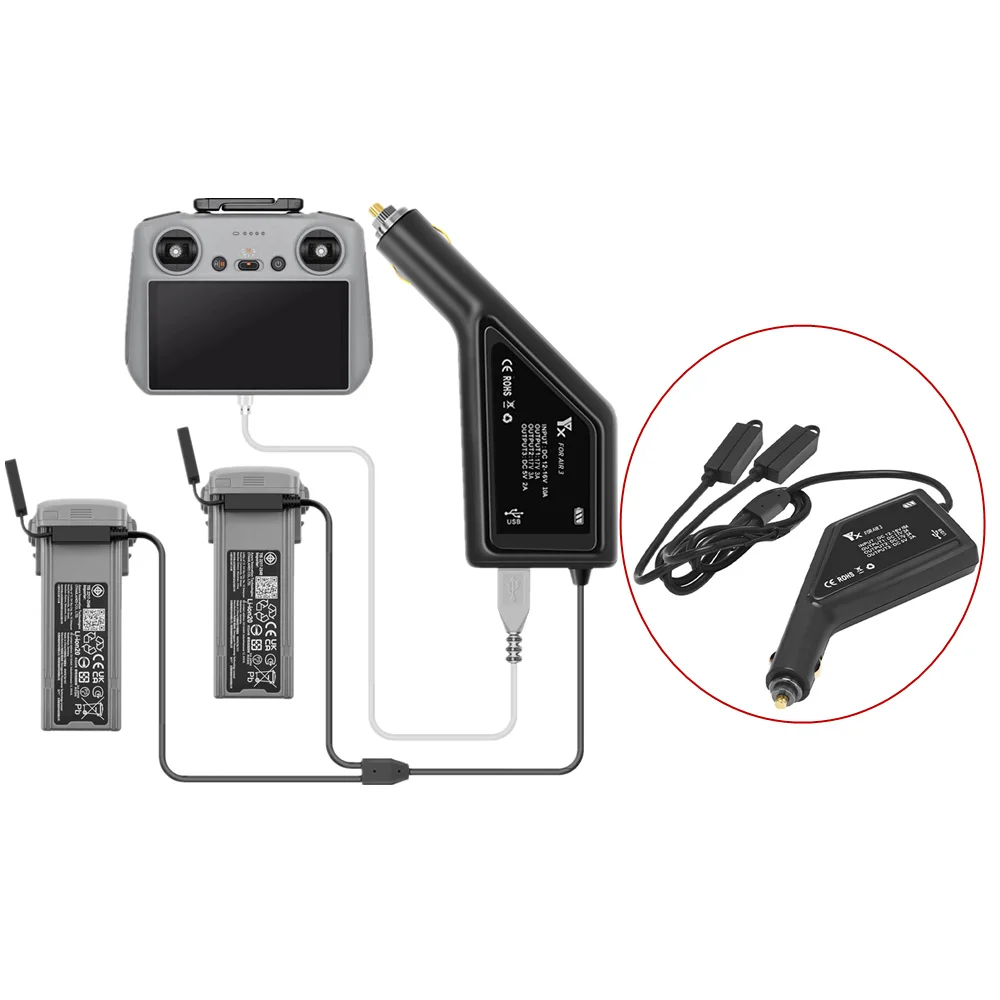 شاحن سيارة ببطارية مزدوجة 3 في 1 لـ DJI Air 3S مع منفذ USB بدون طيار وحدة تحكم عن بعد محور شحن السيارة لملحقات Mavic Air 3