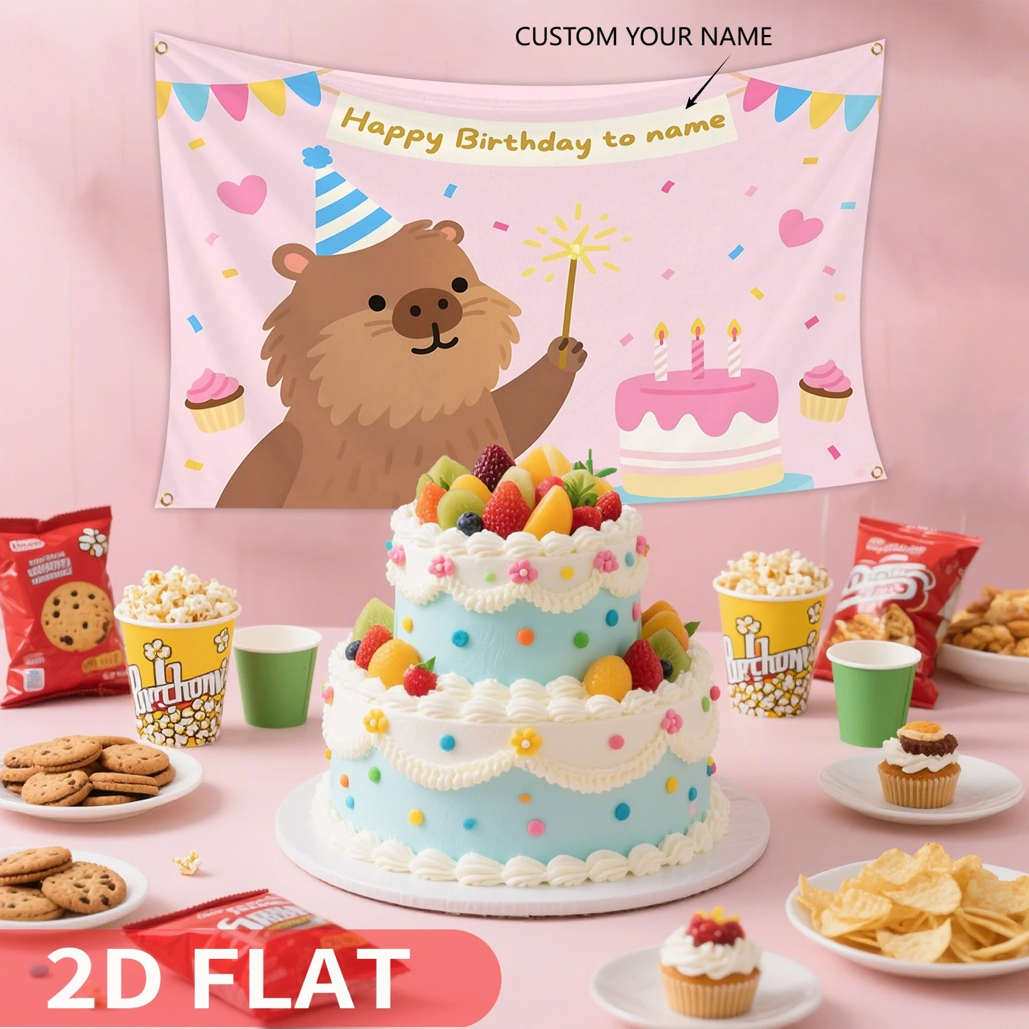 

1pc Customizable Pink Capybara Birthday Flag Banner, Polyester with "HAPPY BIRTHDAY!" Text, Perfect Gifts, Birthday Party Decor