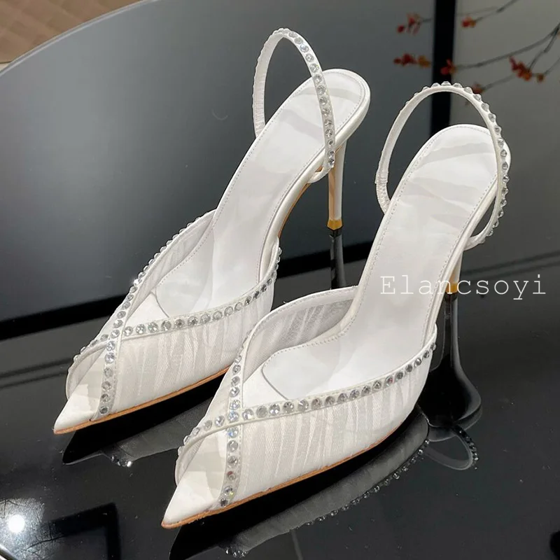 Summer Pointed Toe Exposed Toe Lace Fabric Sandals Women Shiny Crystal Decoration Back Strap Sandalias Banquet Elegant Shoes