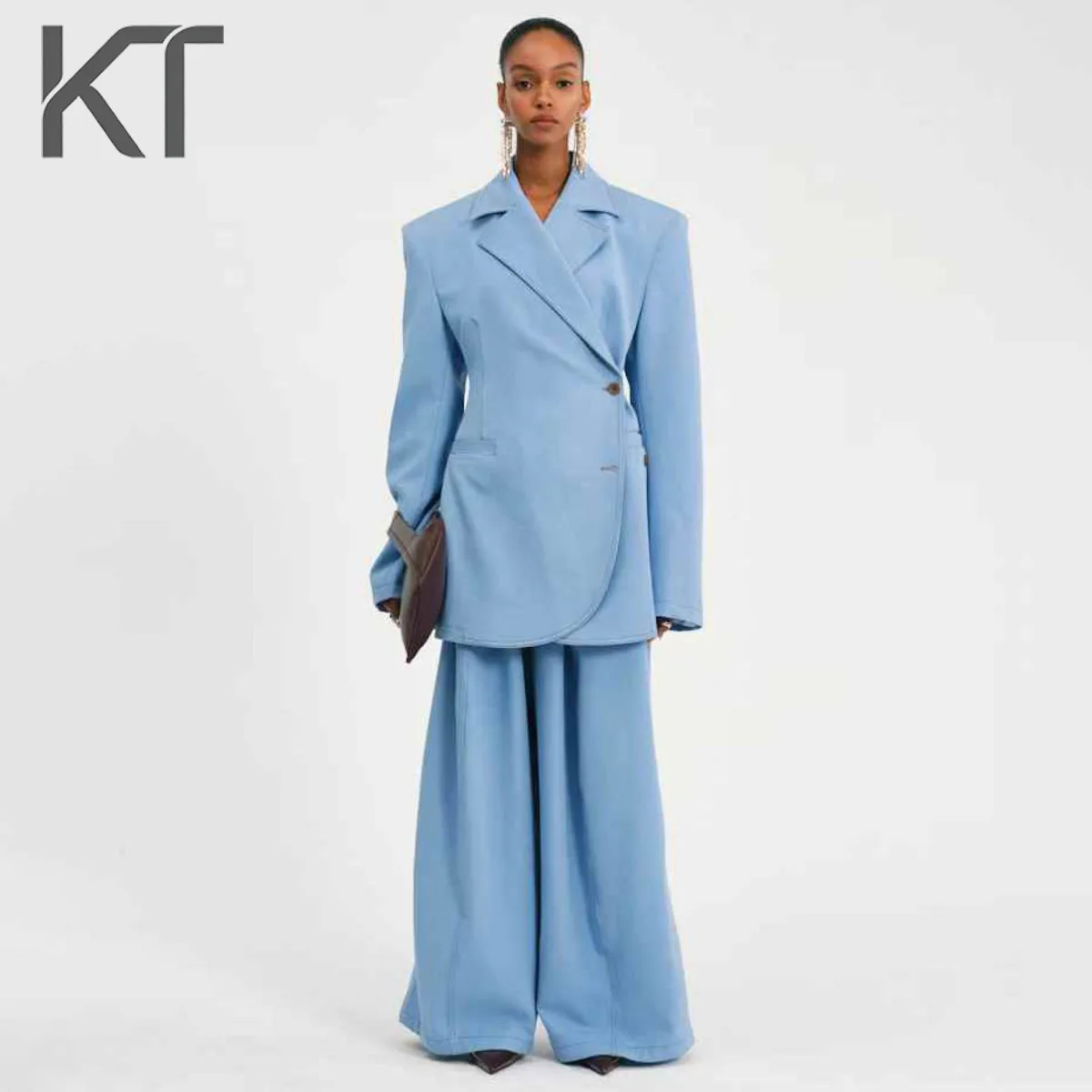 

KT Women's Oversized Two Piece Outfit Spring Summer Double Breasted Blazer + Wide Leg Pants Set Structured Shoulder MatchingSets