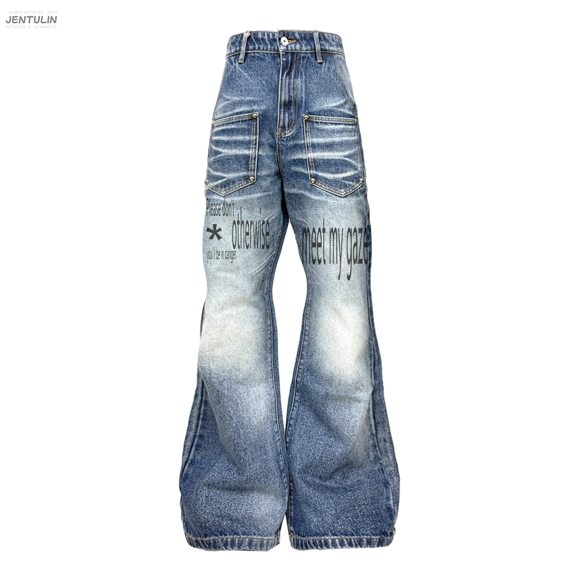 Y2K Wide Leg 2026 New Men Multi Rivet Front Pocket Blue Denim Pants Letter Graphic  Baggy Jeans Retro Streetwear Grunge Trousers