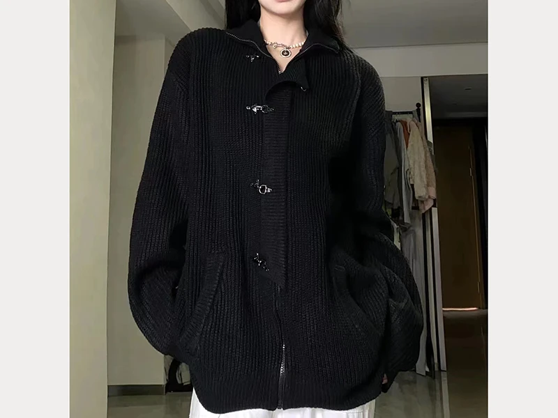 

Stand Up Collar Knitted Cardigan Winter Retro Loose Fashion Casual Versatile Zipper Sweater Jacket