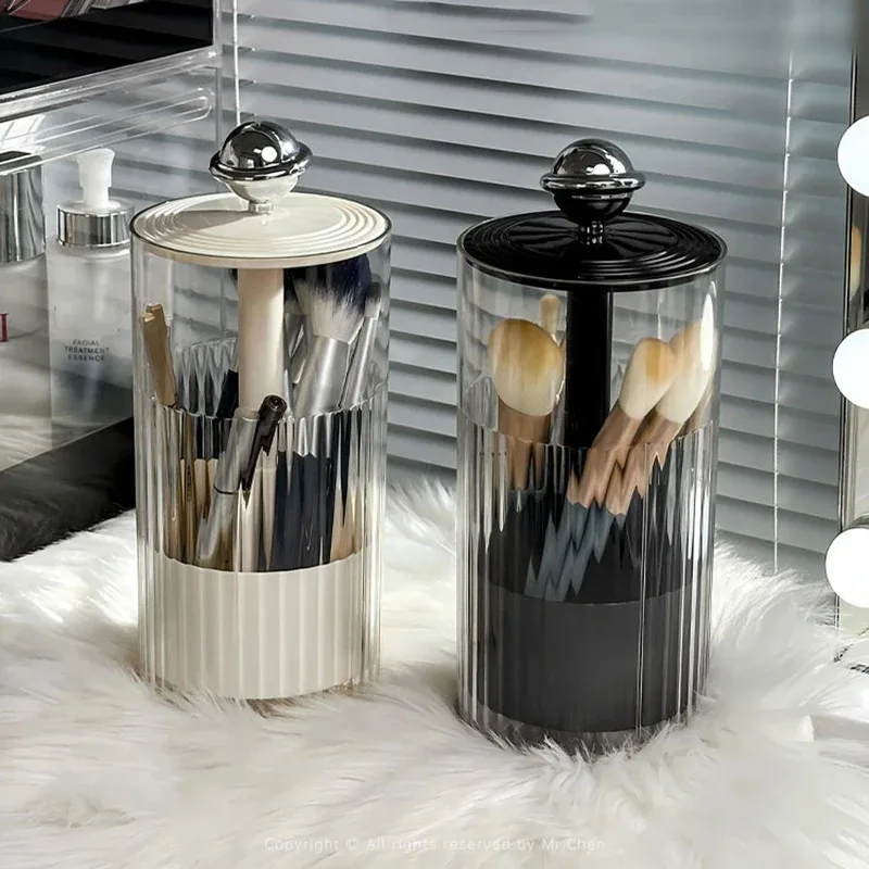 Vanity Makeup Brushes Holder Automatic Lifting Dustproof Storage Box with Lid Lipstick Cosmetic Organizer