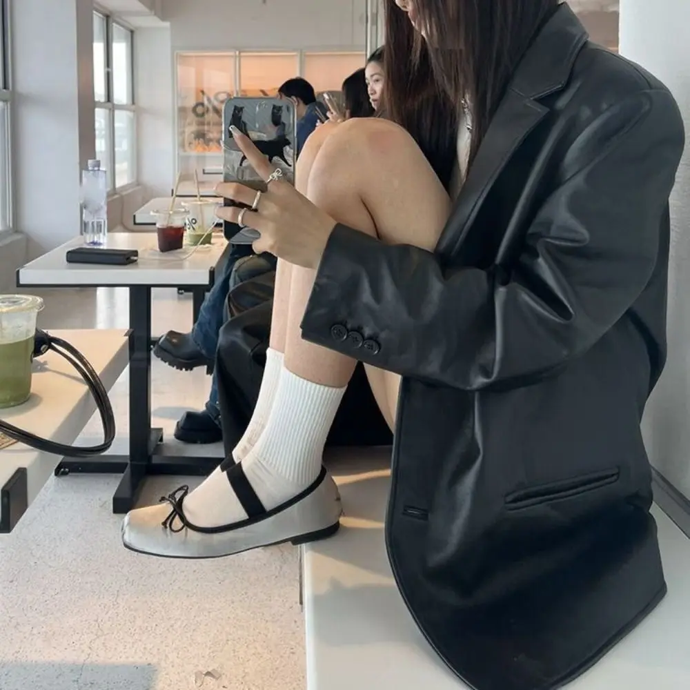 

Fashion Lapel Collar Leather Jacket Women Korean Chic Outerwear Suit Leather Jacket Retro Loose Windbreaker Jackets Women